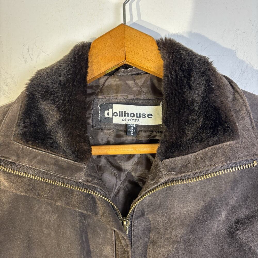 Vintage Chocolate Brown Suede Leather Faux Fur Collar Jacket Size Small